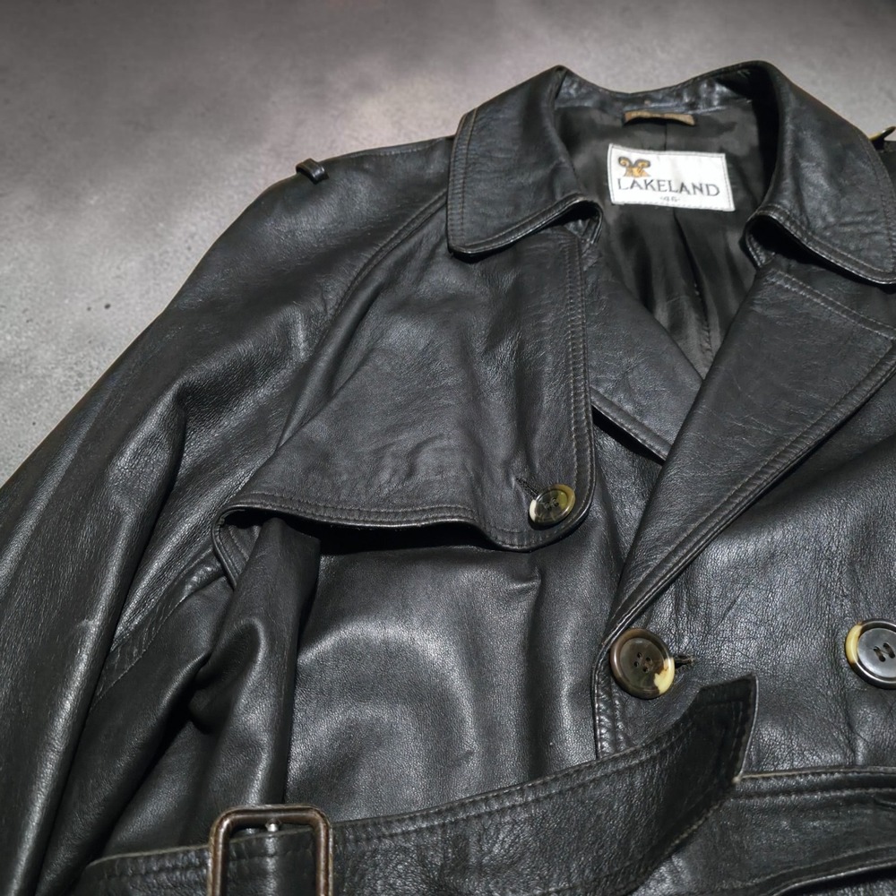 Vintage 70's‎ Leather Trench Coat Lakeland Double Breasted Belted Size 46 Mafia